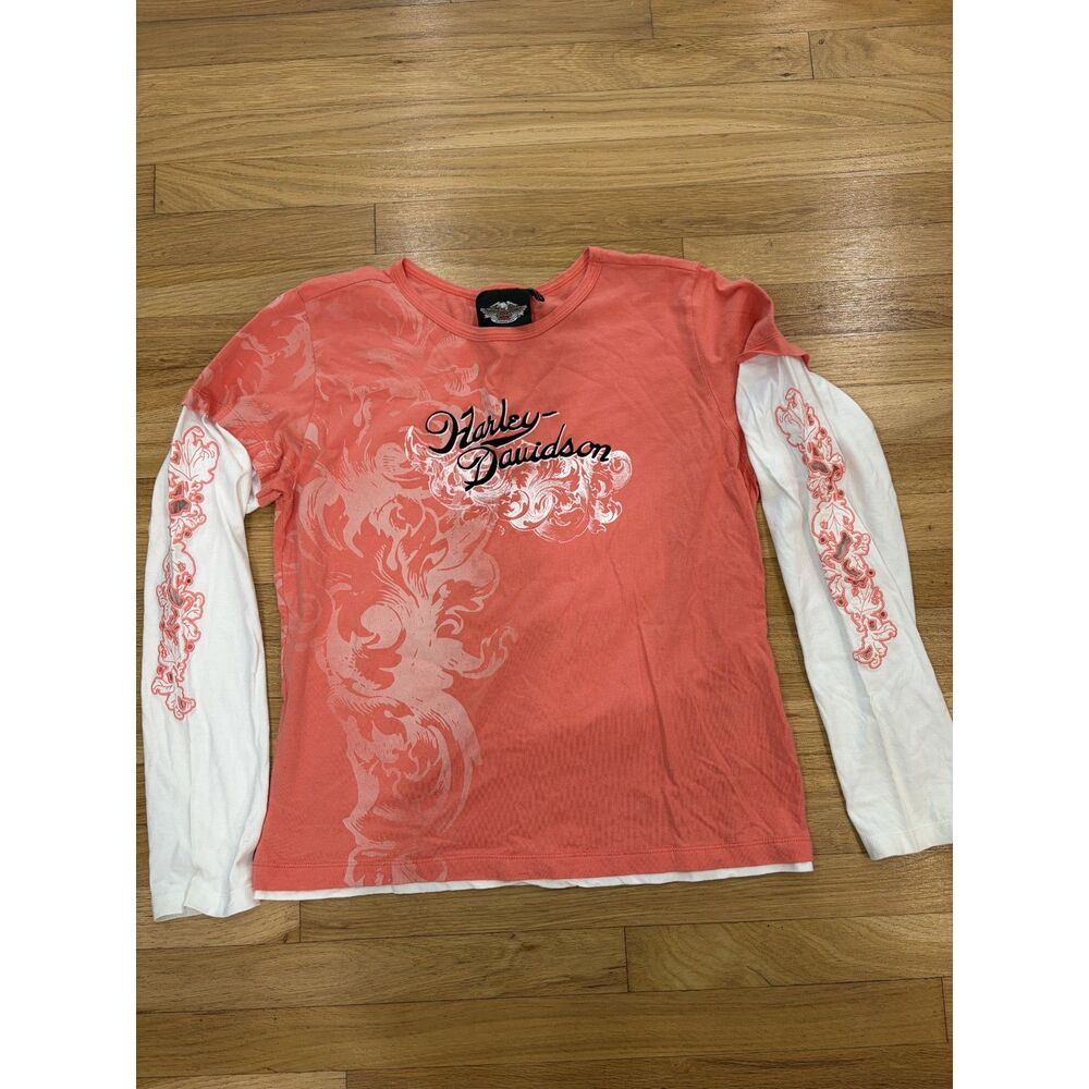 Harley-Davidson Vintage Y2K Coral Pink White Long Sleeve Graphic Tee